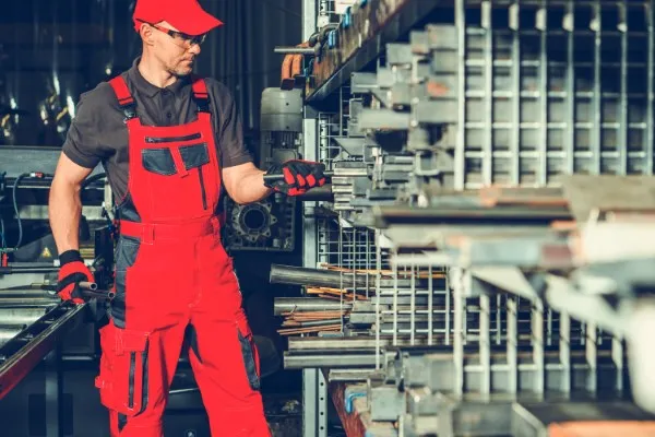Trabajador de la industria metalúrgica seleccionando tubos cuadrados organizados sobre racks selectivos diseñados para manejo industrial seguro.