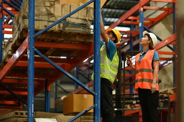 Trabajadores de almacén verificando inventario y cantidad de productos almacenados en anaqueles industriales con estantes de alta resistencia.