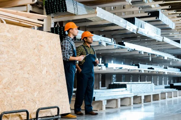 Dos hombres trabajadores de un almacén con casco a un lado de estanterías de racks industriales con materiales de construcción.