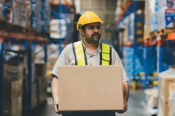 Empleado de almacén colocando cajas sobre racks selectivos en un área de almacenamiento organizada y segura para optimizar procesos logísticos.